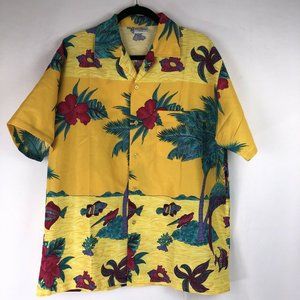 High Seas Resort Wear Mens Yellow Hawaiian Shirt Bahamas Palm Tree Sz-Large